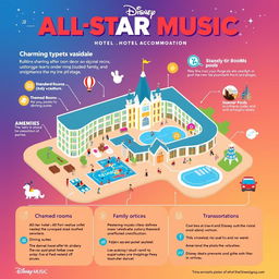 An engaging and vibrant infographic showcasing All Star Music, a Disney hotel accommodation