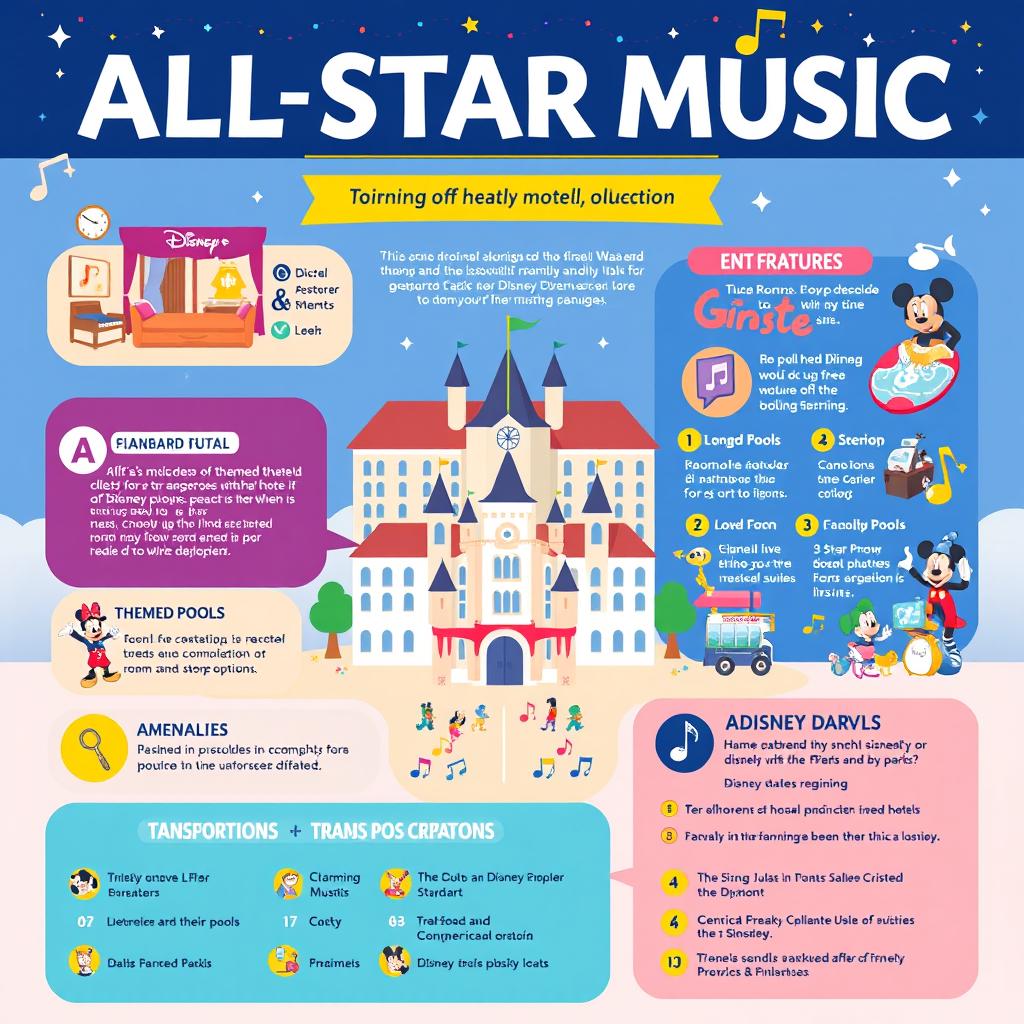 An engaging and vibrant infographic showcasing All Star Music, a Disney hotel accommodation