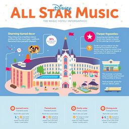 An engaging and vibrant infographic showcasing All Star Music, a Disney hotel accommodation