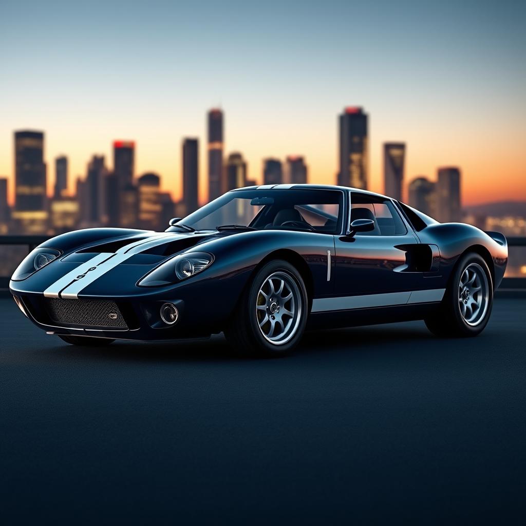 A stunning fastback coupé inspired by the iconic shape of the Ford GT40, designed with a unique door configuration featuring front doors for the driver and passenger, and cleverly integrated rear doors for rear passengers