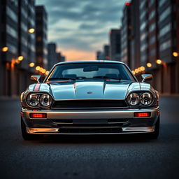 A sleek and sophisticated James Bond-inspired silver Jaguar XJS coupe, adorned with twin LED headlights that add a modern twist to its classic design