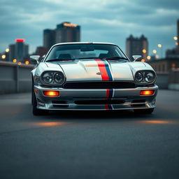 A sleek and sophisticated James Bond-inspired silver Jaguar XJS coupe, adorned with twin LED headlights that add a modern twist to its classic design