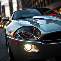 A sleek and sophisticated James Bond-inspired silver Jaguar XJS coupe, adorned with twin LED headlights that add a modern twist to its classic design