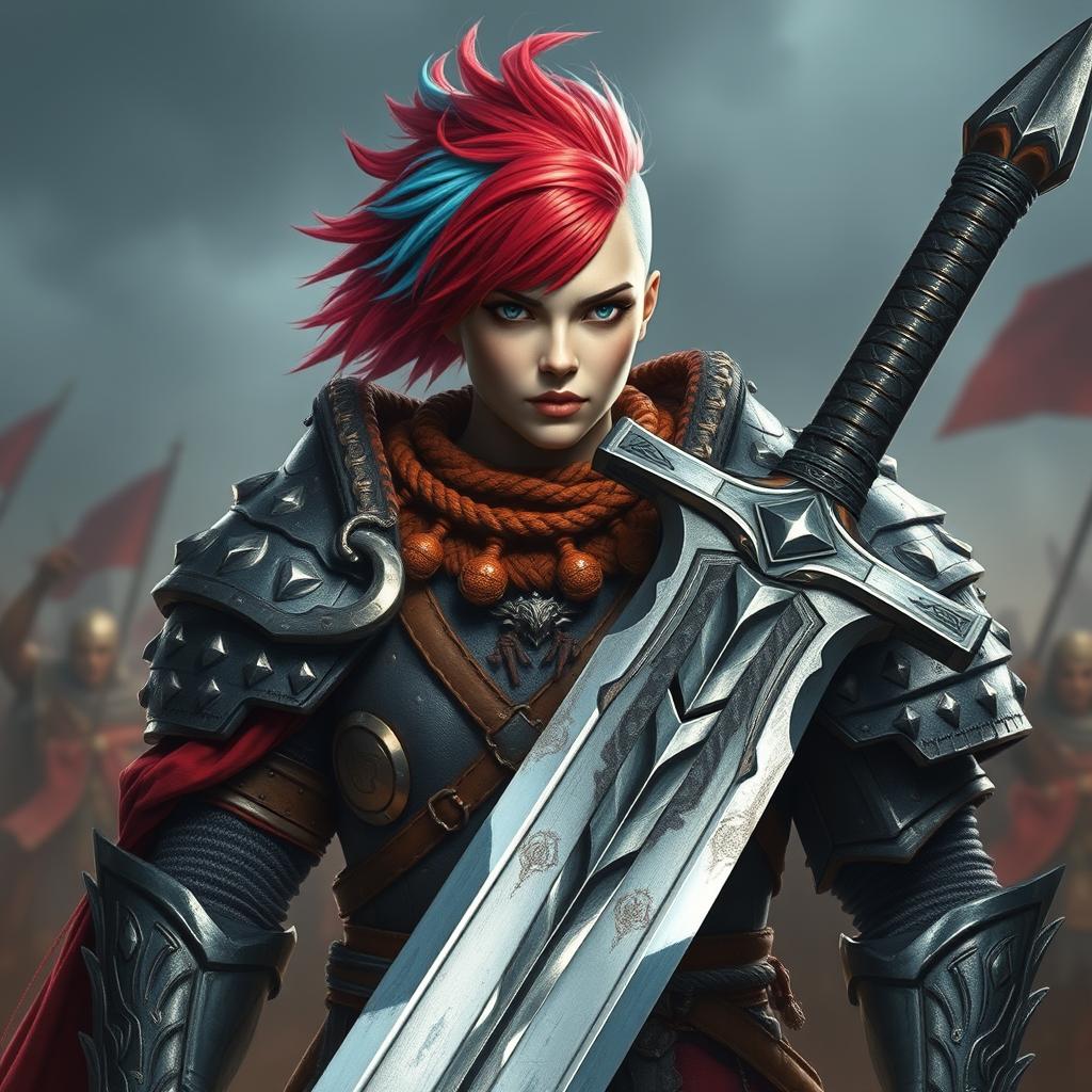 An impressive human warrior with an agender identity, showcasing a commanding presence