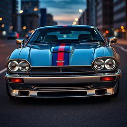 A striking silver Jaguar XJS coupe inspired by James Bond, featuring twin LED headlights that enhance its modern appearance