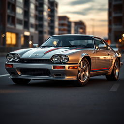 A sleek and stylish silver Jaguar XJS coupe inspired by James Bond, featuring modern twin LED headlights that enhance its sporty aesthetic