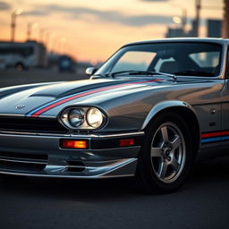 A sleek and stylish silver Jaguar XJS coupe inspired by James Bond, featuring modern twin LED headlights that enhance its sporty aesthetic