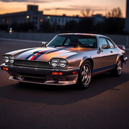 A sleek and stylish silver Jaguar XJS coupe inspired by James Bond, featuring modern twin LED headlights that enhance its sporty aesthetic