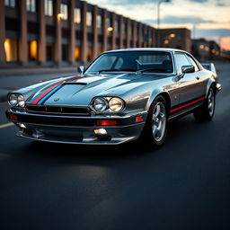 A sleek and stylish silver Jaguar XJS coupe inspired by James Bond, featuring modern twin LED headlights that enhance its sporty aesthetic