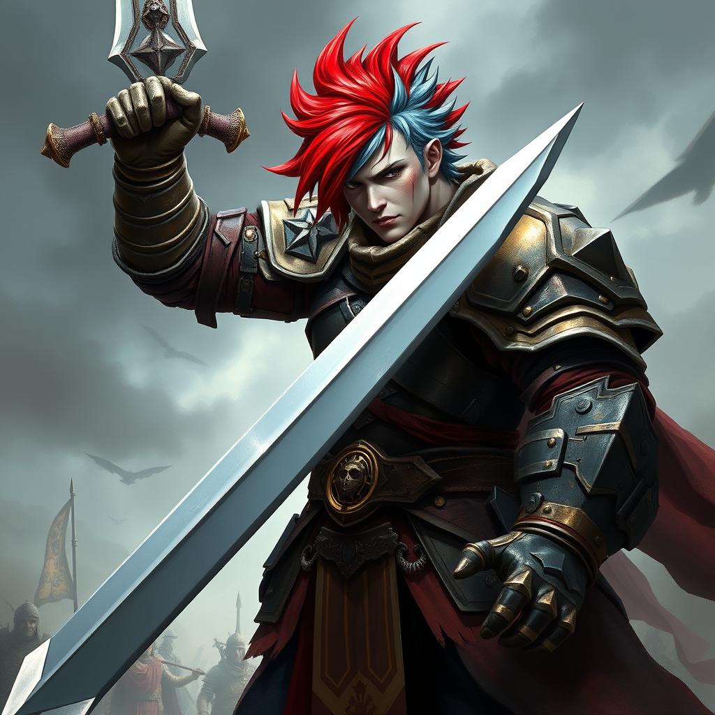 A human warrior standing in a powerful pose, wielding a huge greatsword