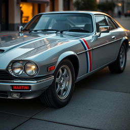 An elegant silver Jaguar XJS coupe inspired by James Bond, featuring sleek twin LED headlights that emphasize its bold presence