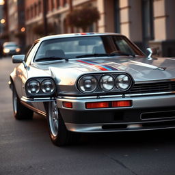 An elegant silver Jaguar XJS coupe inspired by James Bond, featuring sleek twin LED headlights that emphasize its bold presence