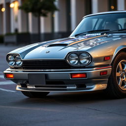 An elegant silver Jaguar XJS coupe inspired by James Bond, featuring sleek twin LED headlights that emphasize its bold presence