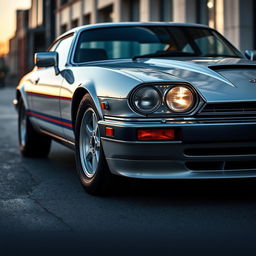 An elegant silver Jaguar XJS coupe inspired by James Bond, featuring sleek twin LED headlights that emphasize its bold presence