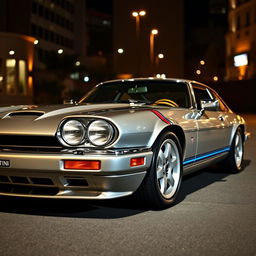 A sleek and stylish James Bond-inspired silver Jaguar XJS coupe featuring twin LED headlights