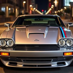 A sleek and stylish James Bond-inspired silver Jaguar XJS coupe featuring twin LED headlights