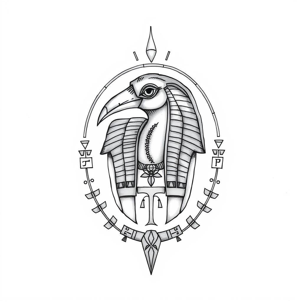 A delicate tattoo design of the Egyptian god Thoth, depicted with intricate details