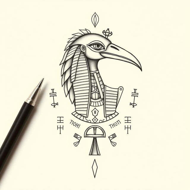 A delicate tattoo design of the Egyptian god Thoth, depicted with intricate details