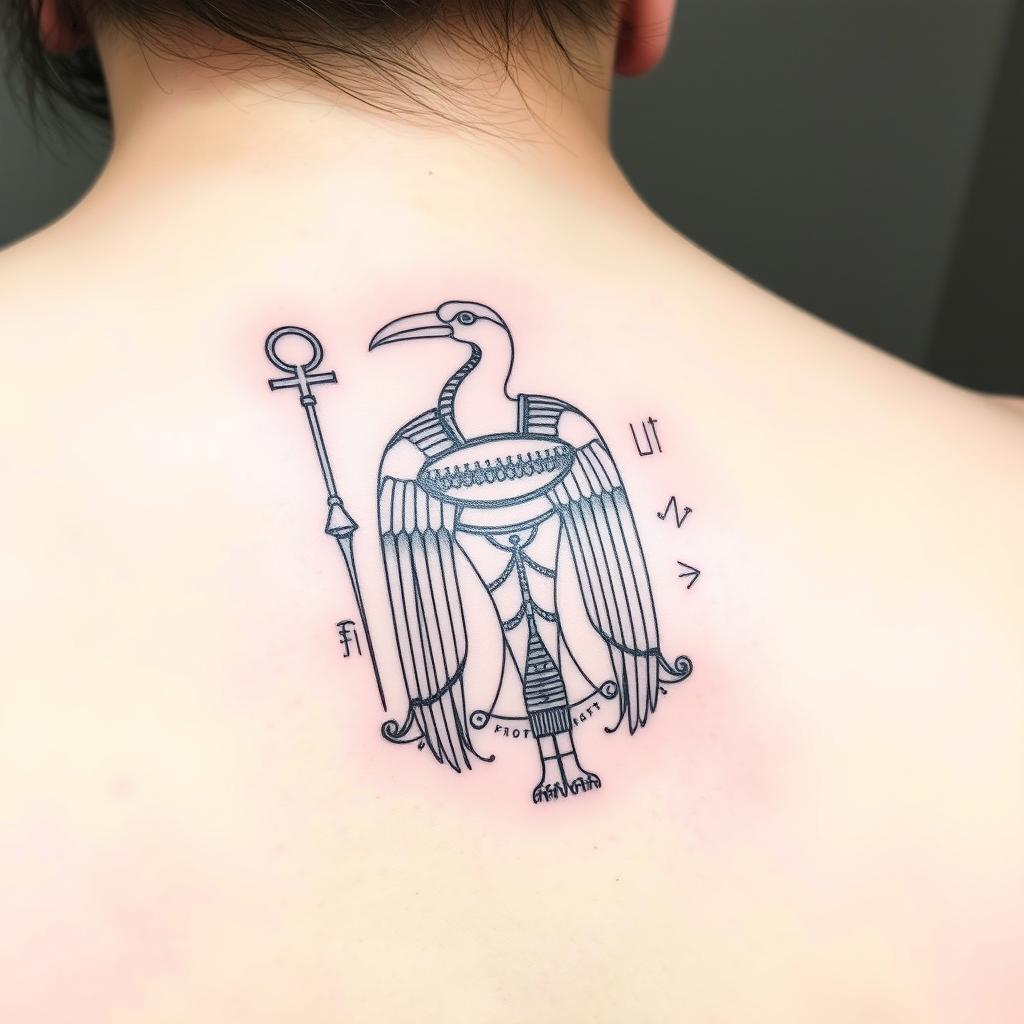 A delicate tattoo design of Thoth, the Egyptian god of wisdom and writing, depicted with intricate details