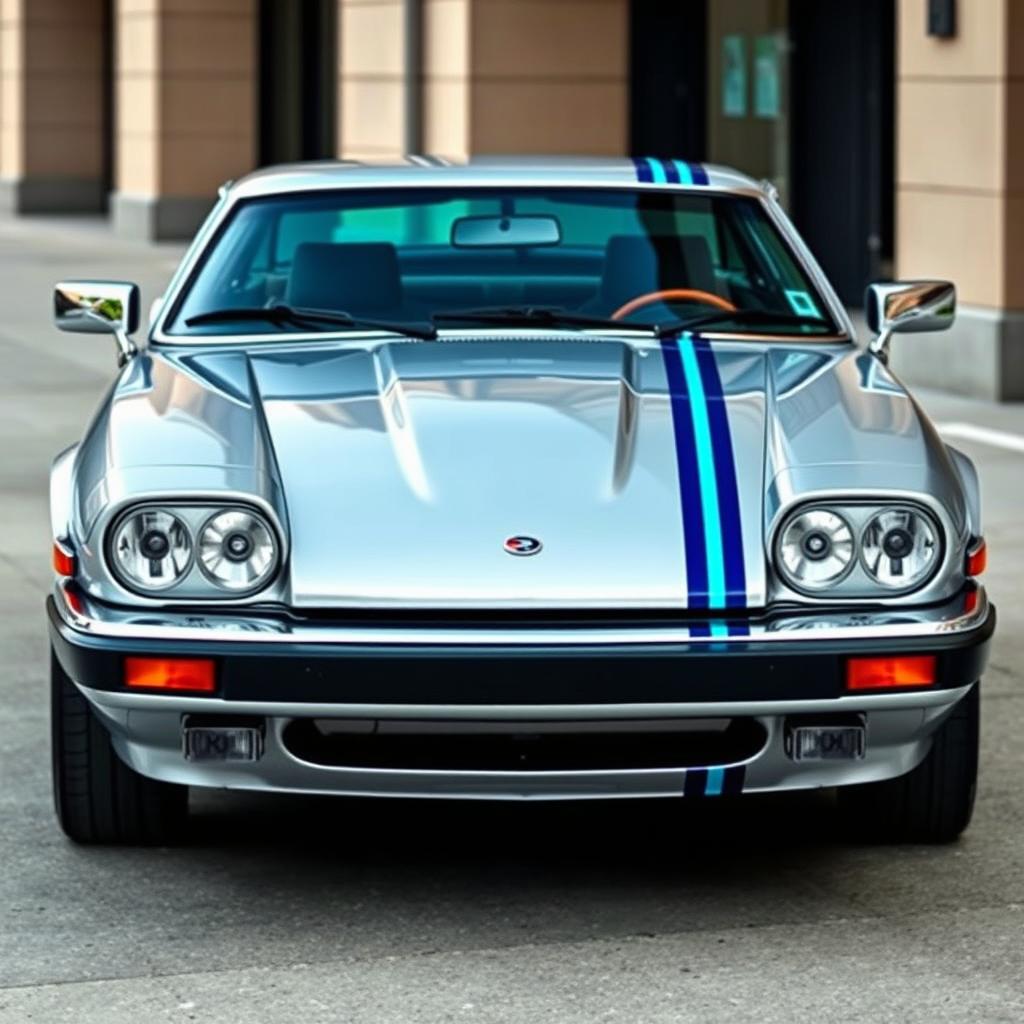 A sleek and stylish James Bond-inspired silver Jaguar XJS coupe, featuring twin LED headlights and bold Martini racing stripes running down one side