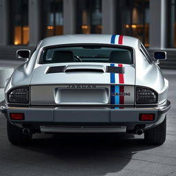 A sleek and stylish James Bond-inspired silver Jaguar XJS coupe, featuring twin LED headlights and bold Martini racing stripes running down one side