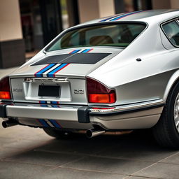 A sleek and stylish James Bond-inspired silver Jaguar XJS coupe, featuring twin LED headlights and bold Martini racing stripes running down one side