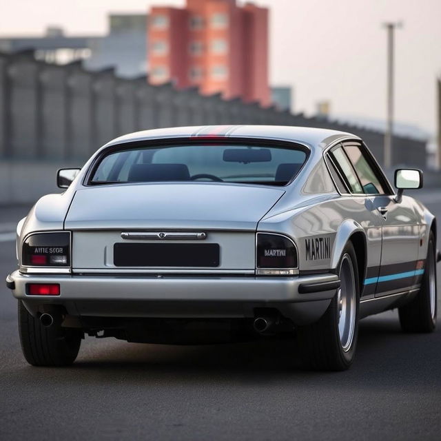 A sleek and stylish James Bond-inspired silver Jaguar XJS coupe, featuring twin LED headlights and bold Martini racing stripes running down one side