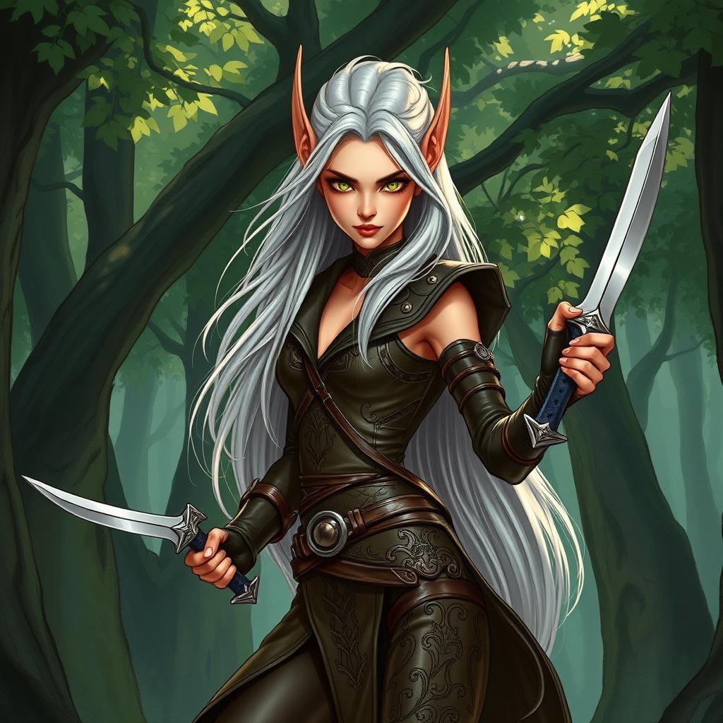 A captivating illustration of an elegant high elf rogue from Dungeons and Dragons, showcasing a tall and slender figure with striking features