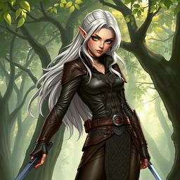 A captivating illustration of an elegant high elf rogue from Dungeons and Dragons, showcasing a tall and slender figure with striking features