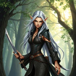 A captivating illustration of an elegant high elf rogue from Dungeons and Dragons, showcasing a tall and slender figure with striking features