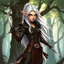 A captivating illustration of an elegant high elf rogue from Dungeons and Dragons, showcasing a tall and slender figure with striking features