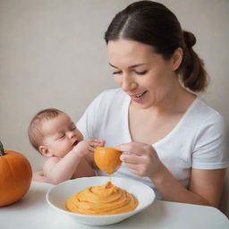 A caring mother tenderly feeding her 4-month-old baby with creamy, orange mashed pumpkin, creating a heartwarming scene filled with love and nurturing.