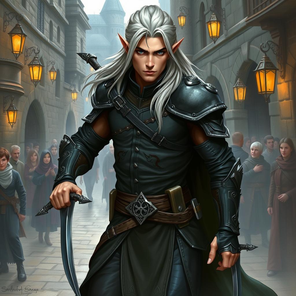 A stunning illustration of a high elf male rogue from Dungeons and Dragons, depicted with an athletic build and sharp features