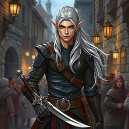 A stunning illustration of a high elf male rogue from Dungeons and Dragons, depicted with an athletic build and sharp features