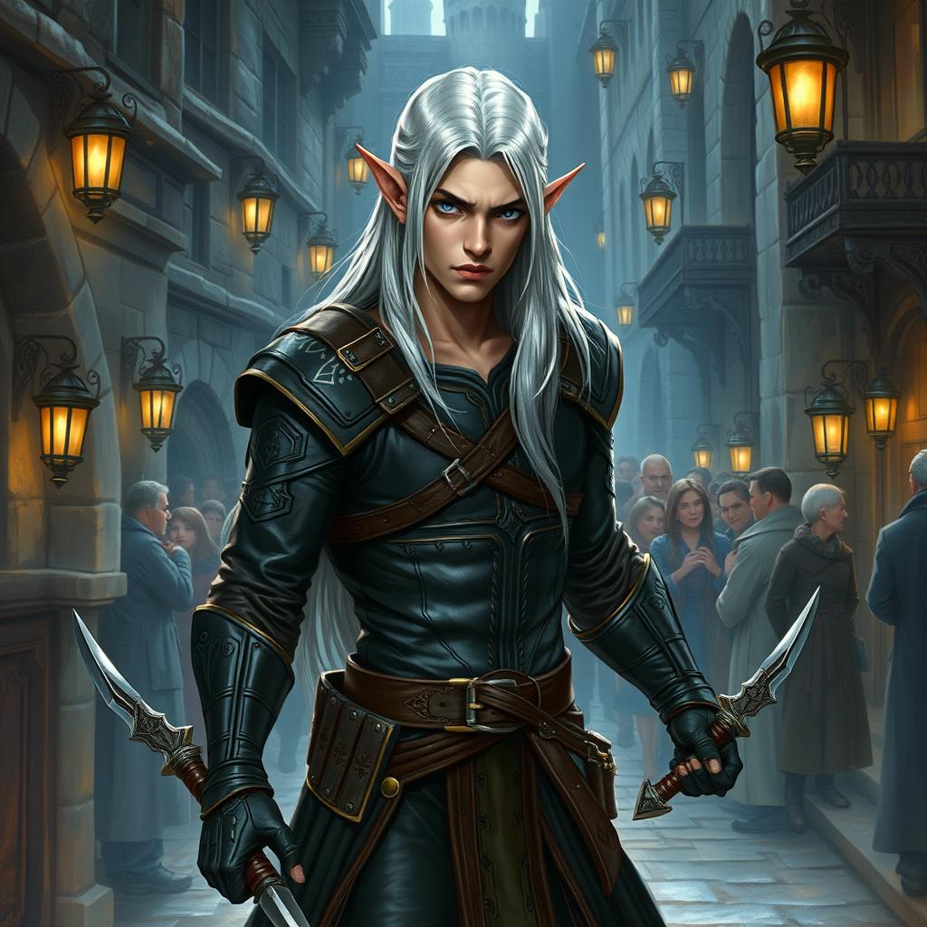 A stunning illustration of a high elf male rogue from Dungeons and Dragons, depicted with an athletic build and sharp features