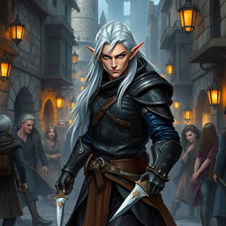 A stunning illustration of a high elf male rogue from Dungeons and Dragons, depicted with an athletic build and sharp features