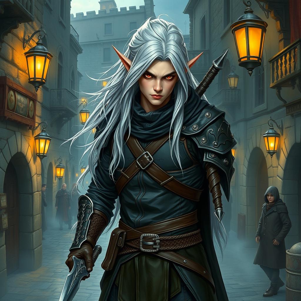 A striking illustration of a high elf male rogue from Dungeons and Dragons, characterized by an athletic build and sharp, angular features