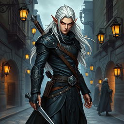 A striking illustration of a high elf male rogue from Dungeons and Dragons, characterized by an athletic build and sharp, angular features