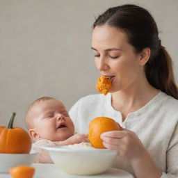 A caring mother tenderly feeding her 4-month-old baby with creamy, orange mashed pumpkin, creating a heartwarming scene filled with love and nurturing.