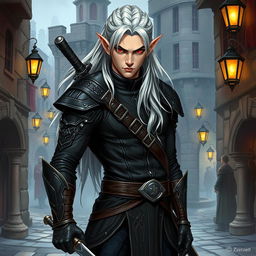 A striking illustration of a high elf male rogue from Dungeons and Dragons, characterized by an athletic build and sharp, angular features