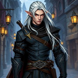 A striking illustration of a high elf male rogue from Dungeons and Dragons, characterized by an athletic build and sharp, angular features