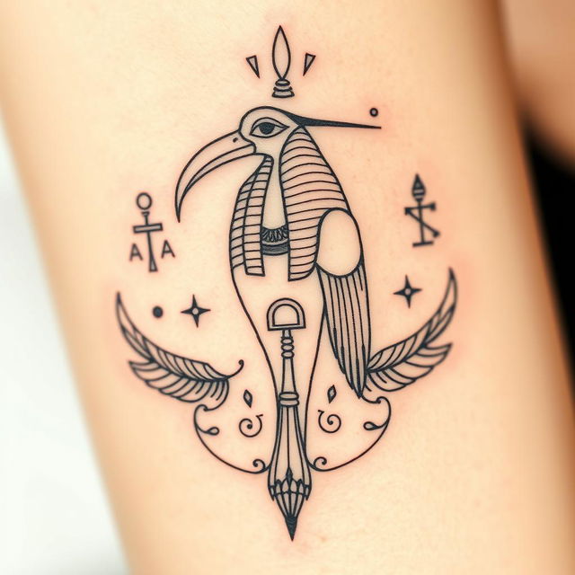 A delicate tattoo design of the Egyptian god Thoth, characterized by intricate details and soft lines