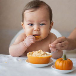 A caring mother tenderly feeding her 4-month-old baby with creamy, orange mashed pumpkin, creating a heartwarming scene filled with love and nurturing.