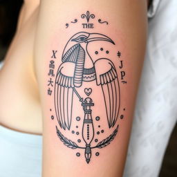 A delicate tattoo design of the Egyptian god Thoth, characterized by intricate details and soft lines