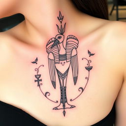 A delicate tattoo design of the Egyptian god Thoth, characterized by intricate details and soft lines