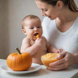 A caring mother tenderly feeding her 4-month-old baby with creamy, orange mashed pumpkin, creating a heartwarming scene filled with love and nurturing.