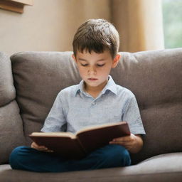 A young boy peacefully sitting on a cozy couch, engrossed in reading a book