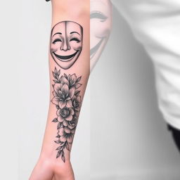 A delicate tattoo design that covers the entire outer left arm and forearm, featuring the halves of two masks – one happy and one sad – at the top