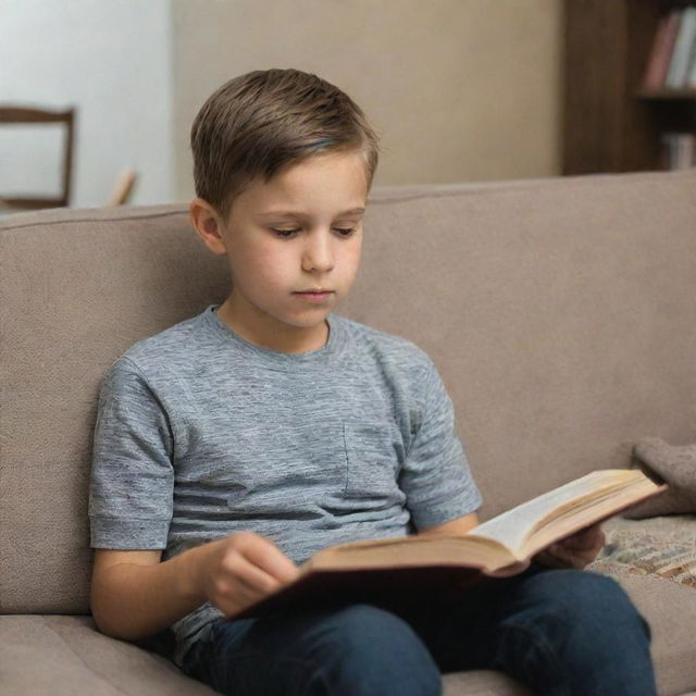 A young boy peacefully sitting on a cozy couch, engrossed in reading a book