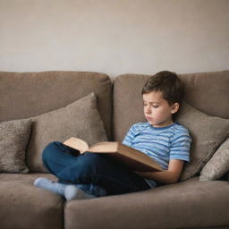 A young boy peacefully sitting on a cozy couch, engrossed in reading a book